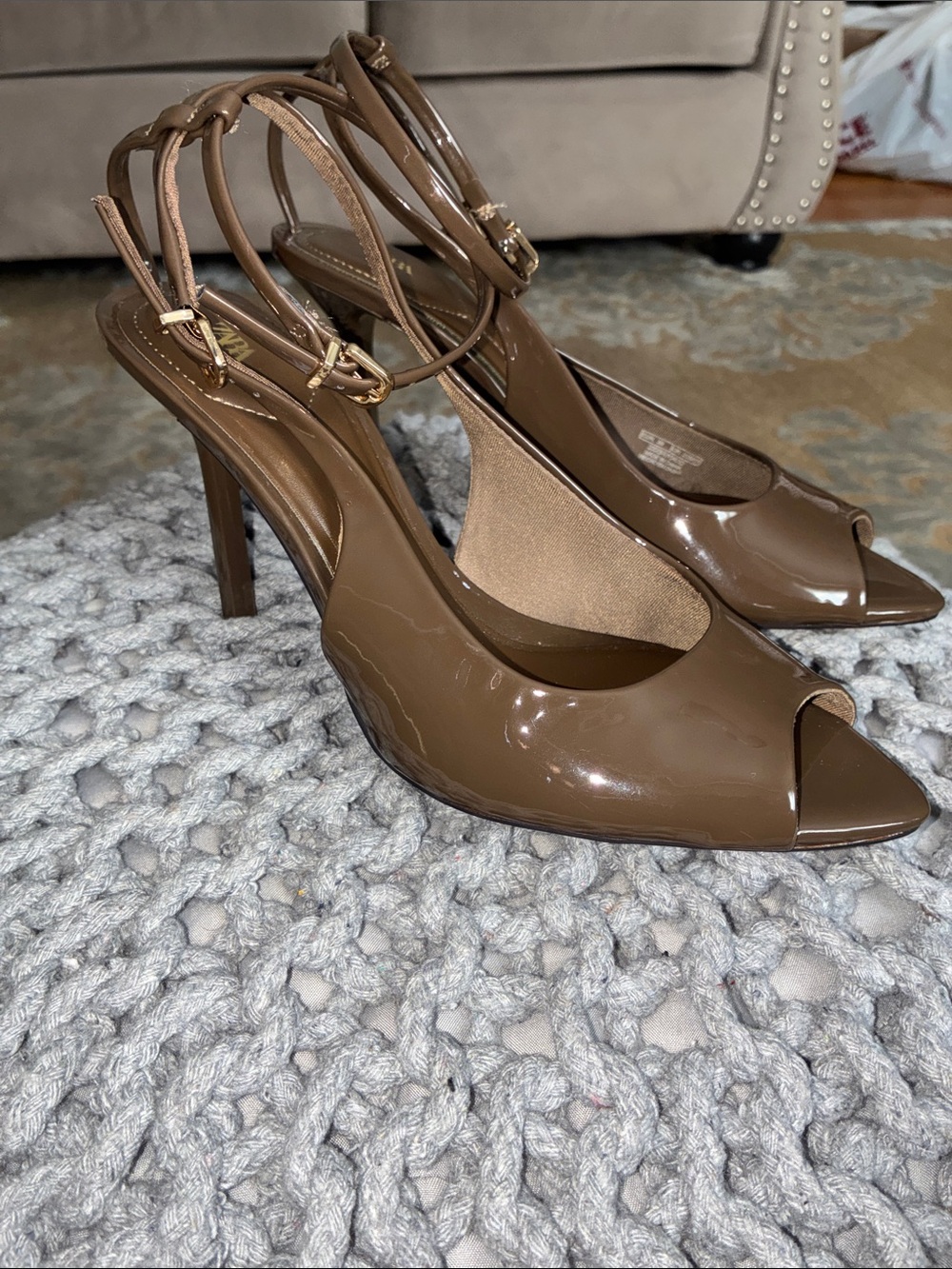 Zara Brown Patent Peep-Toe Ankle-Strap Heels